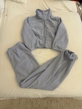 ALO Yoga Light Blue Fleece Jacket and Joggers Set